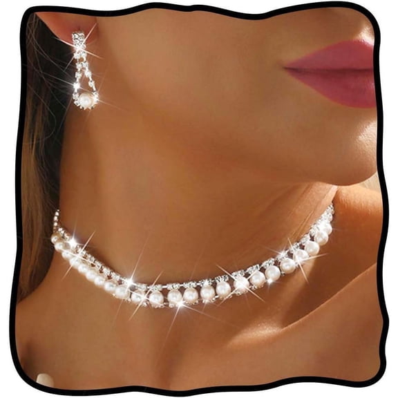 Pearl Rhinestone Necklace Set Silver Crystal Bridal Necklace Earrings Sparkly Wedding Choker Jewelry for Women