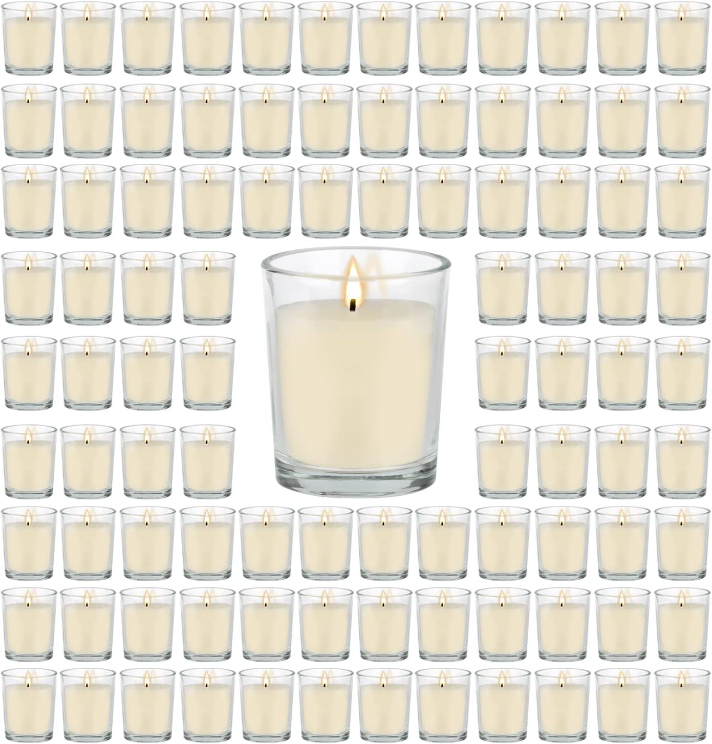 96 Pack of Warm White Unscented Clear Glass Filled Votive Candles