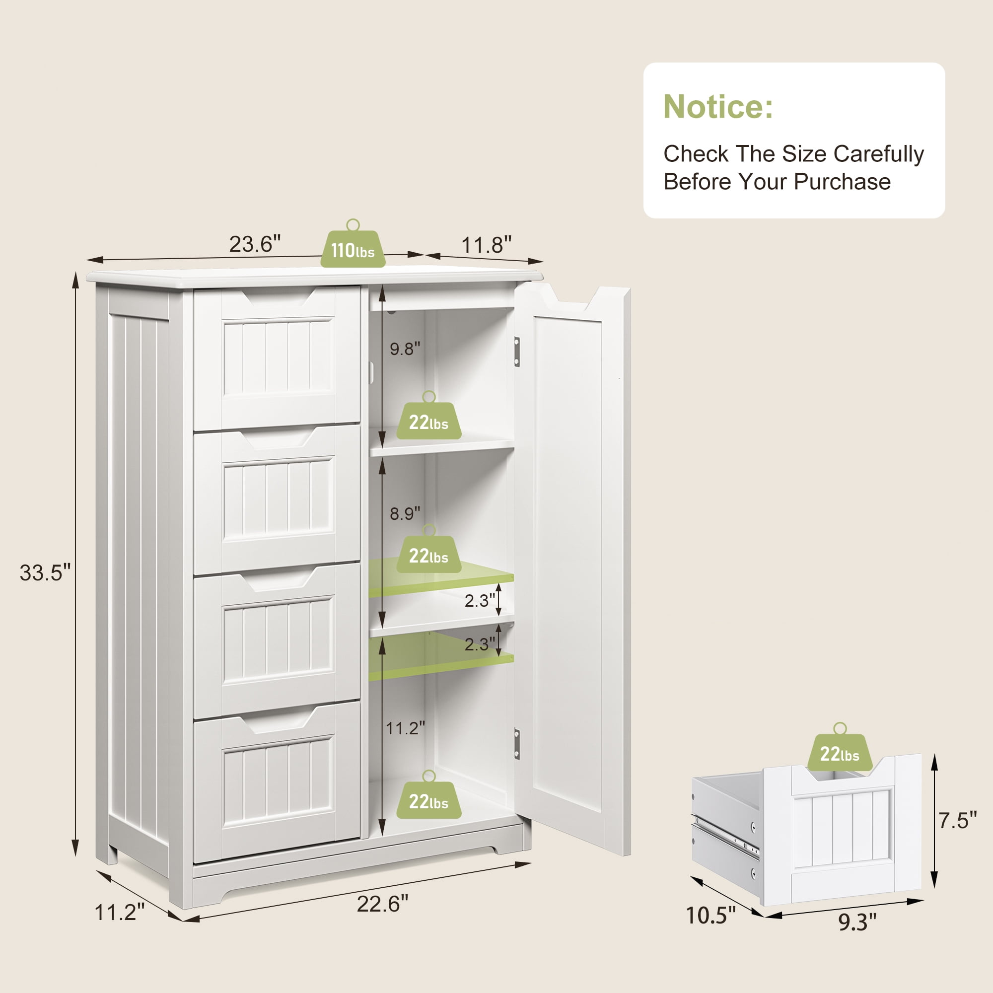 Pantry Cabinet, Lofka 33" Small Kitchen Pantry Storage Cabinet with 1 Door, 2 Shelves, 4 Drawers, White