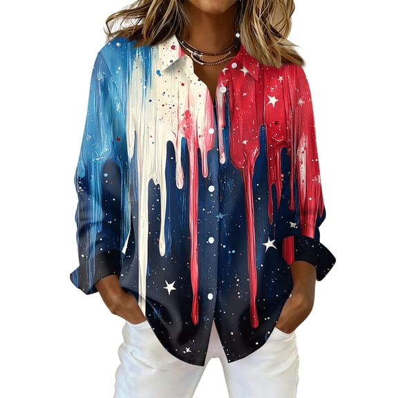 Domzest 4th Of July Shirts Women 250 Anniversary Usa Graphic Shirts Patriotic Long Sleeve V Neck Butoon Down Tshirts Light Blue M