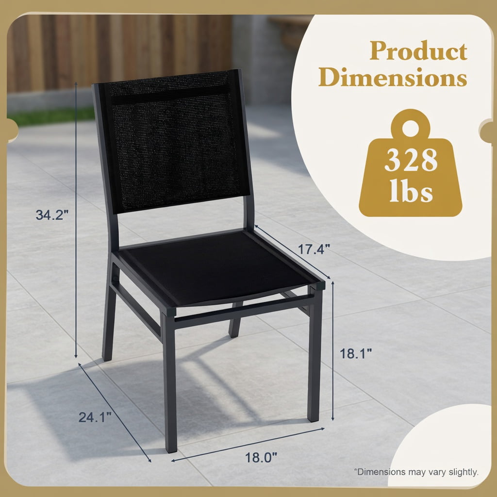 Hommoo Outdoor Dining Chair Breathable Mesh Back & Seat, Lightweight Aluminum Frame, Patio Chair for Backyard, Porch, Poolside or Indoor Use, Black