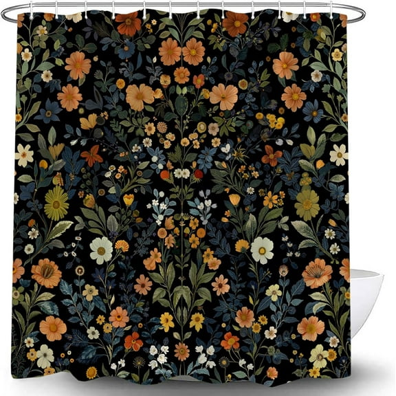 Boho Black Floral Shower Curtain Vintage Rustic Wildflower Watercolor Flower Leaves Farmhouse Garden Botanical Modern Cute Bath Curtain with Hooks-36"W x 72"L (Pack of 1)