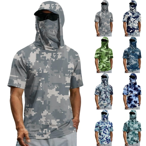 Men's Lightweight Camouflage Gradient Quick Dry Fishing Hoodie Shirt - UPF 50  Sun Protection Short Sleeve Shirts with Neck