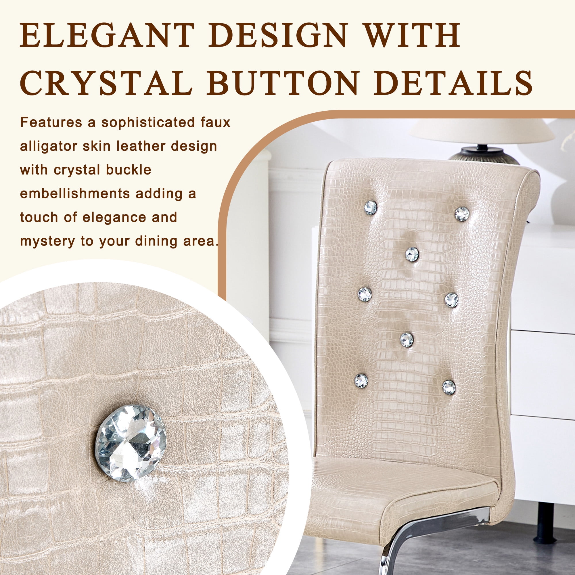 Aukfa Modern Dining Chairs Set of 2 , 400 lbs Heavy-Duty Faux Alligator Leather Kitchen Chairs with Crystal Button Tufted High Back,Beige