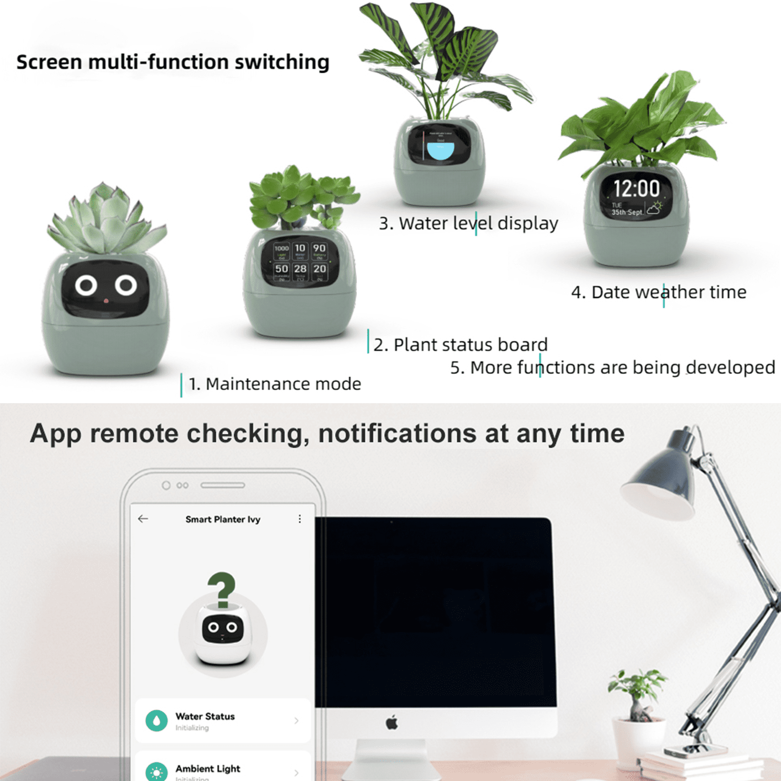 ITIGOITIE Smart Flowerpots, with Artificial Intelligence, Time Temperature Display, Multiple expressions, for Indoor Decoration, Gifts(Pink)
