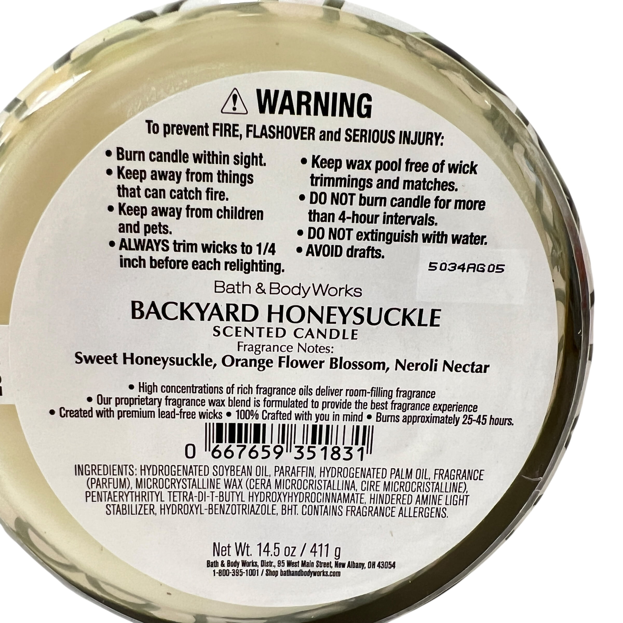 Bath & Body Works Backyard Honeysuckle Scented 3 Wick Candle 14.5 oz