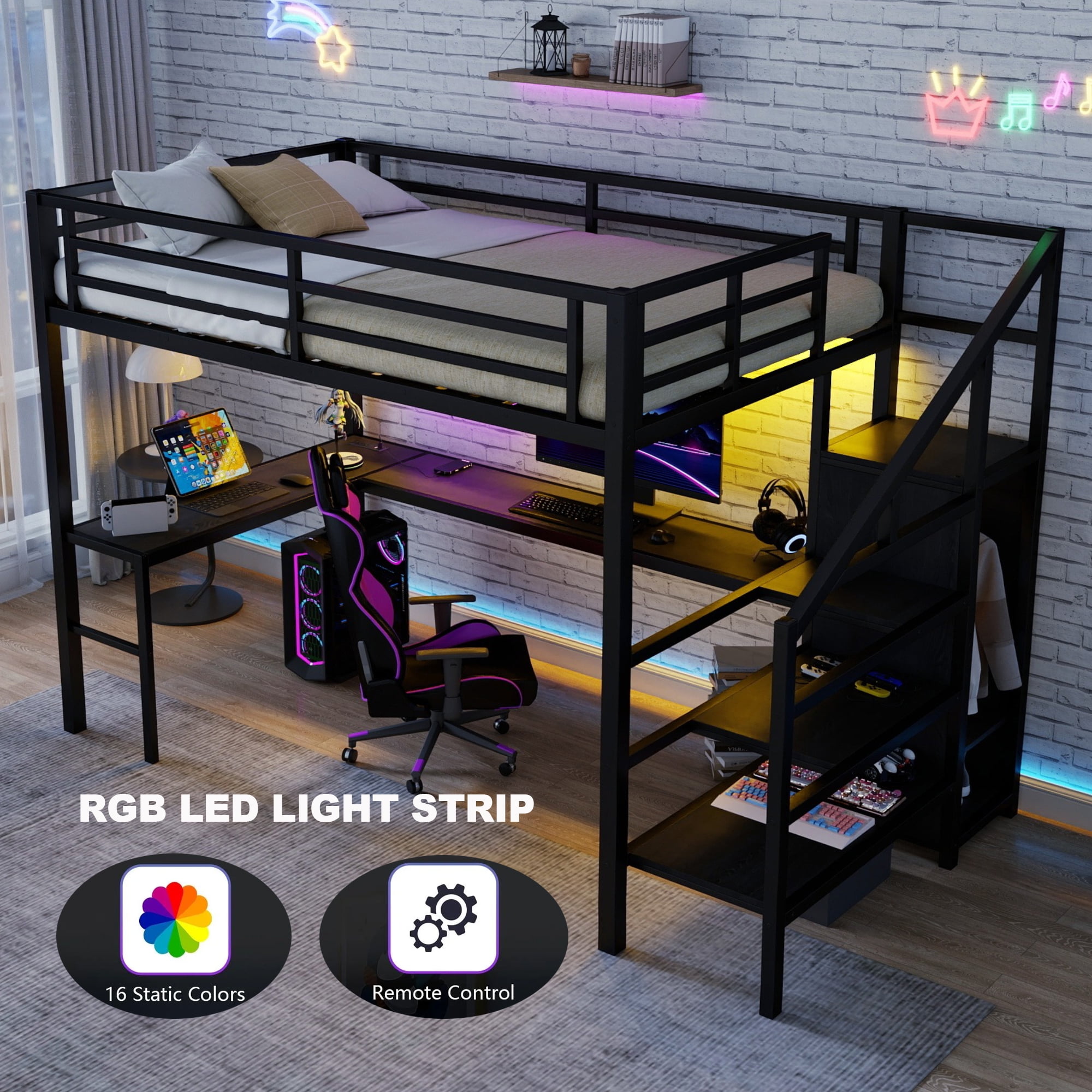 Full Size Loft Bed with Desk and Stairs, Metal Loft Bed Frame with Wardrobe and USB Charging Station