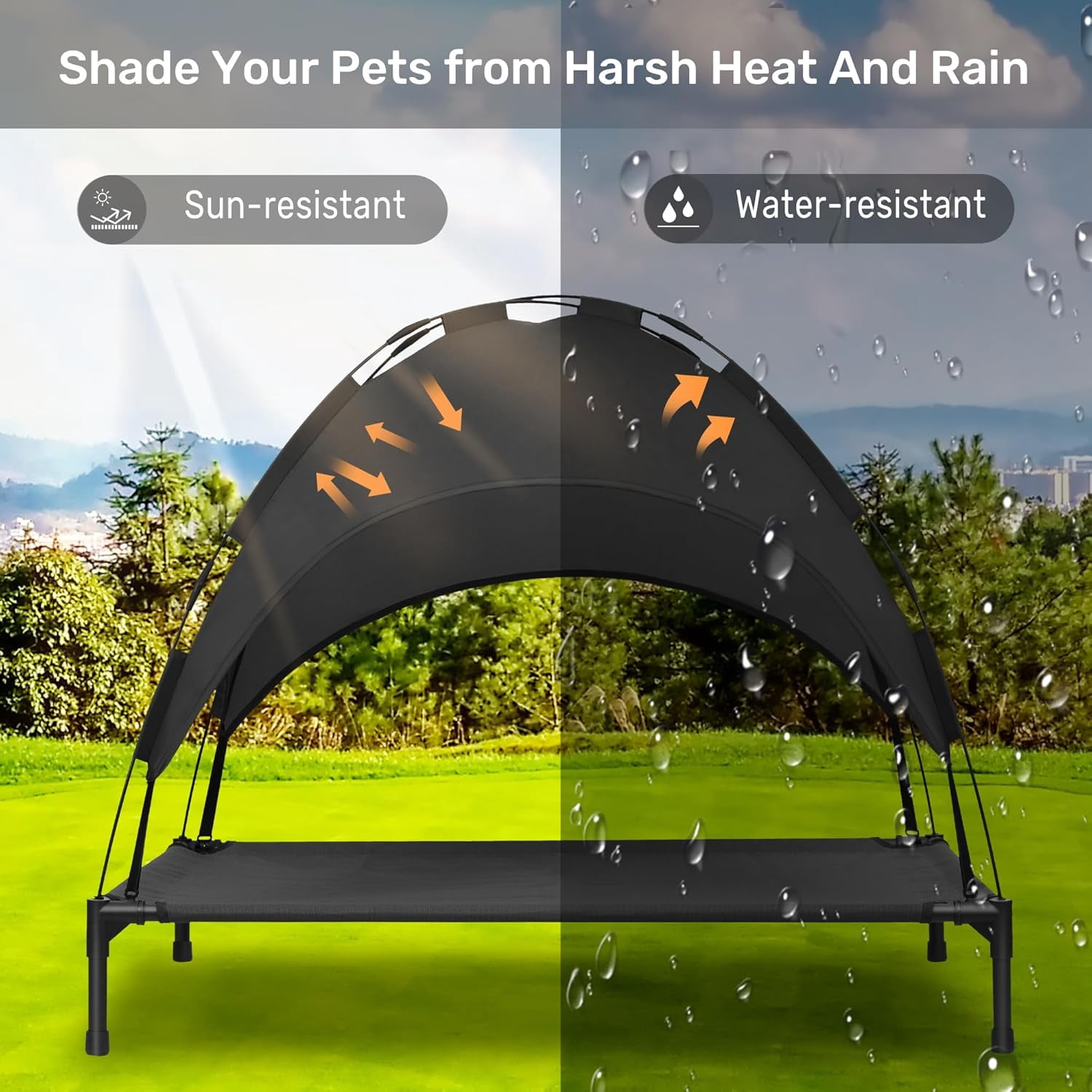 Elevated Dog Bed with Canopy, Portable Dog Cot with Removable Shade Tent, Outdoor Raised Pet Cot Cooling Bed for Dogs