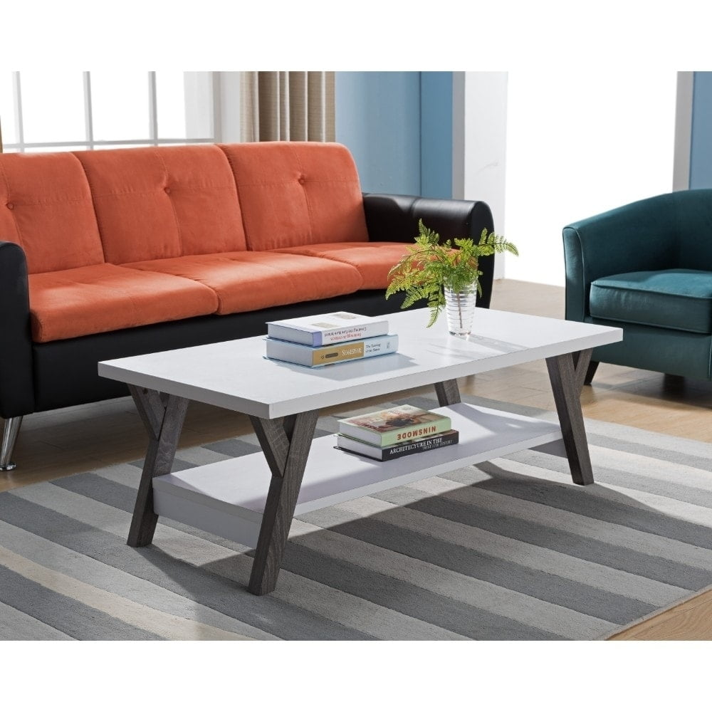 Benzara Two Tone Wooden Coffee Table White Distressed Gray