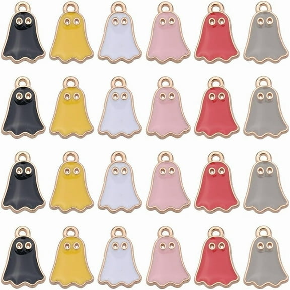 1 Box 60Pcs 6 Colors Ghost Charm Bulk Enamel Halloween Charms Metal Alloy Gold Colorful Plated White Black Orange Cartoon Skull Dangle Mini Charm for Jewelry Making Charms DIY Craft Supplies
