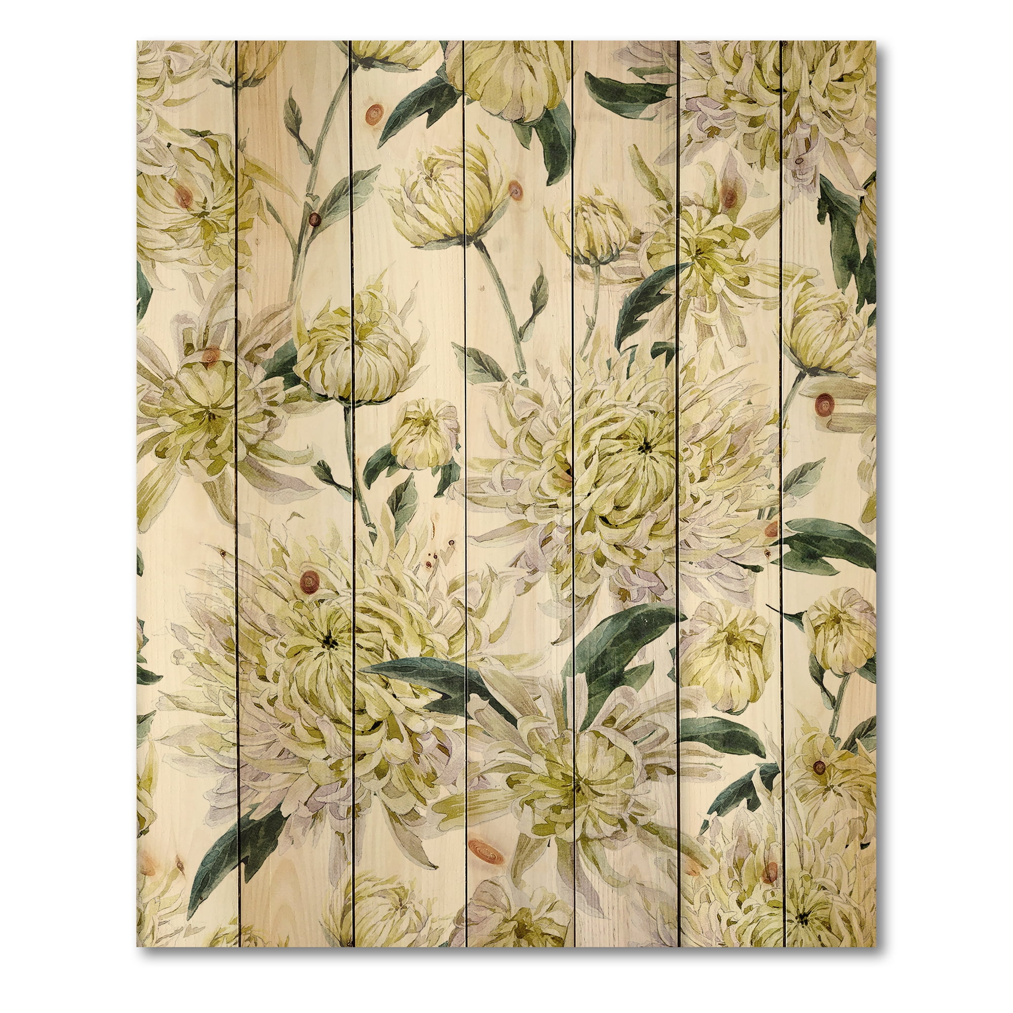 Designart 'Ancient Yellow Chrysanthemus I' Traditional Print on Natural Pine Wood