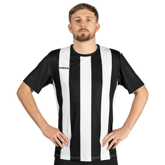 FORZA Men's Striped Soccer Jerseys – Short Sleeve Soccer Shirt Uniforms for Men [Black and White, XXL]