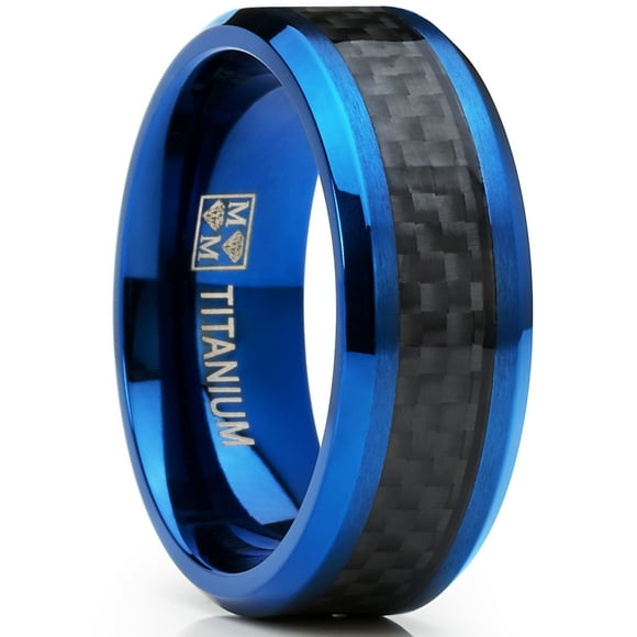 Men's Titanium Wedding Band, Engagement Ring, Blue Ion Plating and Black Cardon Fiber Inlay 8