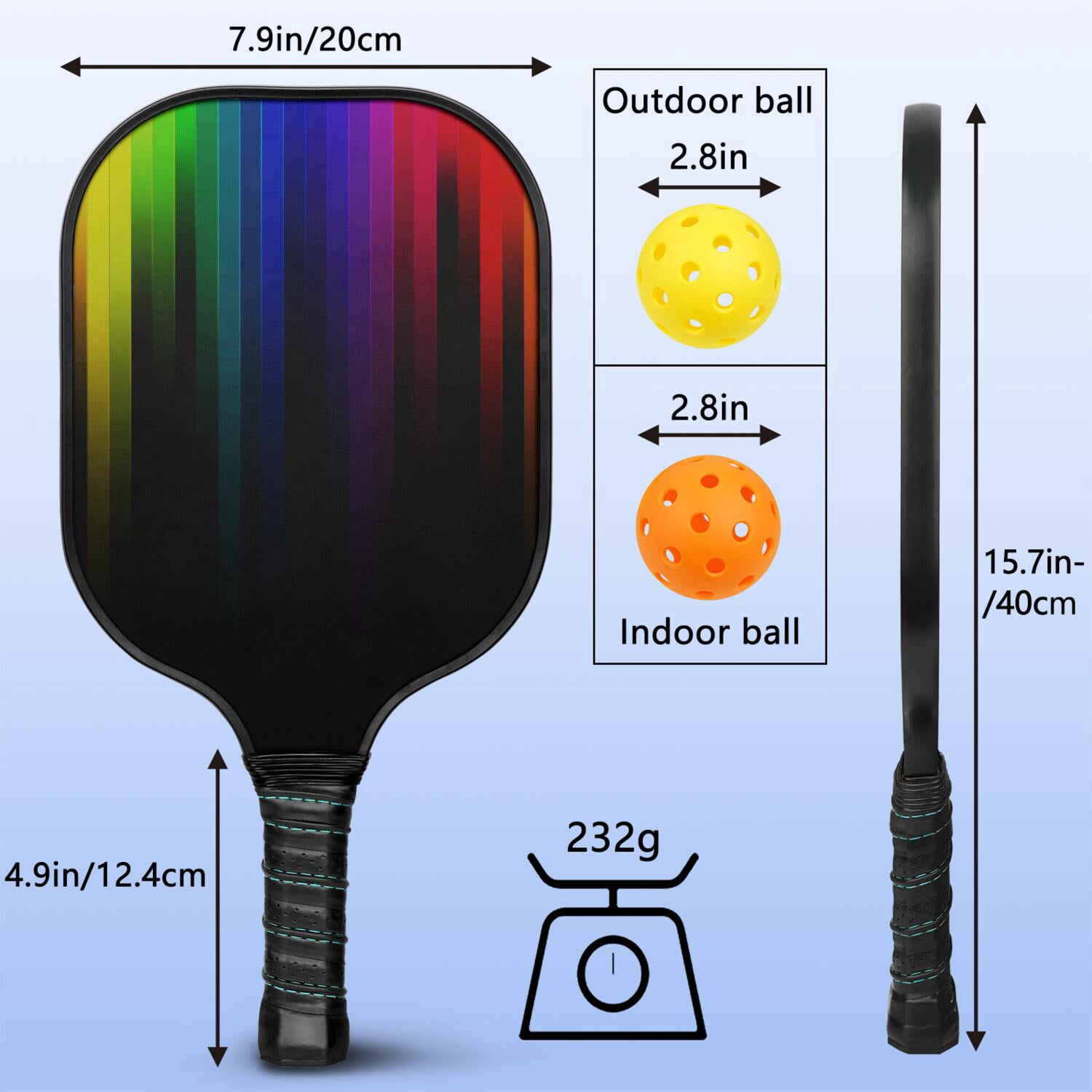Pickleball Paddles Set Of 1, Fiberglass Surface, Vibrant Rainbow Print, 1 Paddle, 2 Balls & Bag
