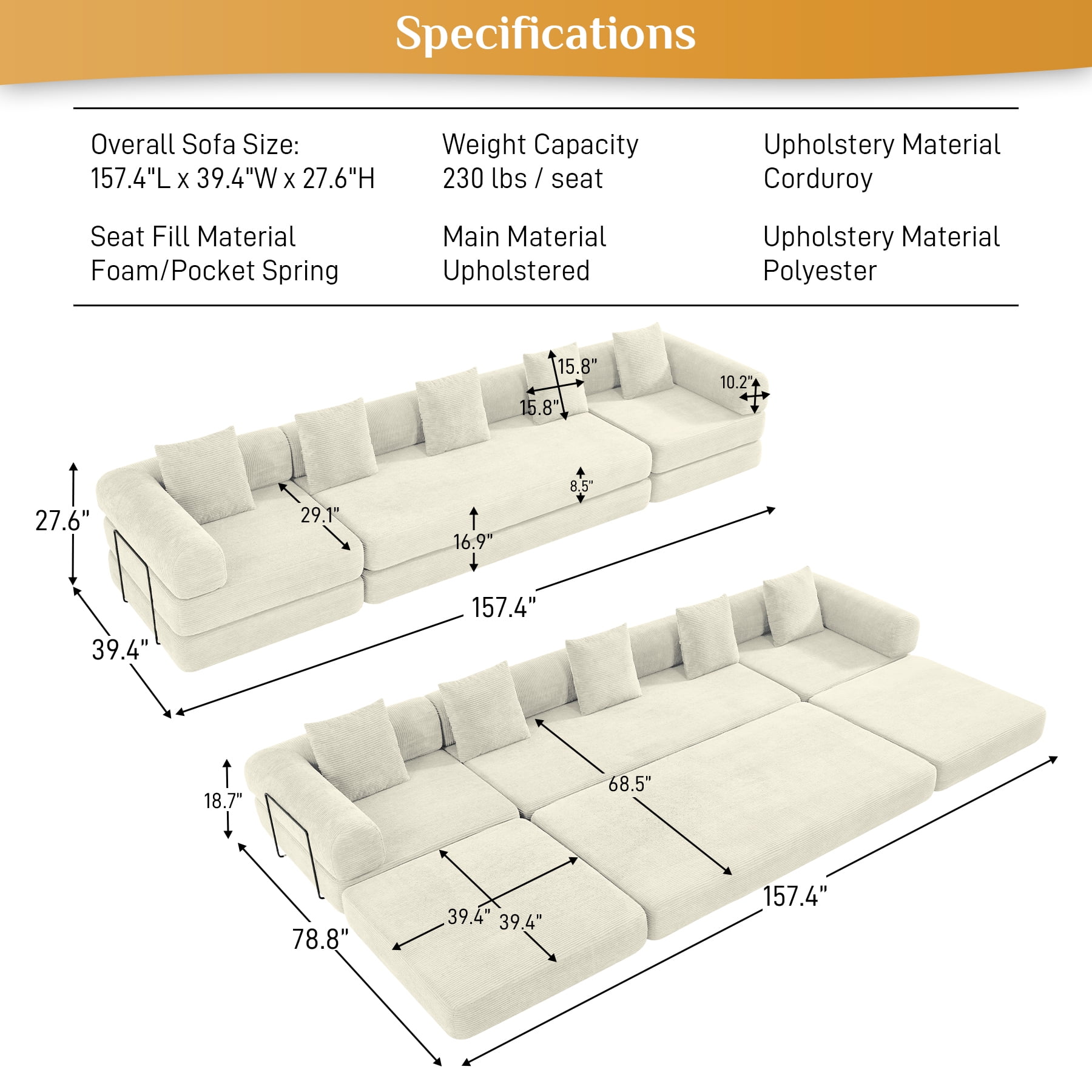 157" Convertible Sleeper Sofa Bed,Corduroy Futon Sofa Couch with High-Density Foam,Deep Seat Sofa for Living Room, Bedroom,Beige