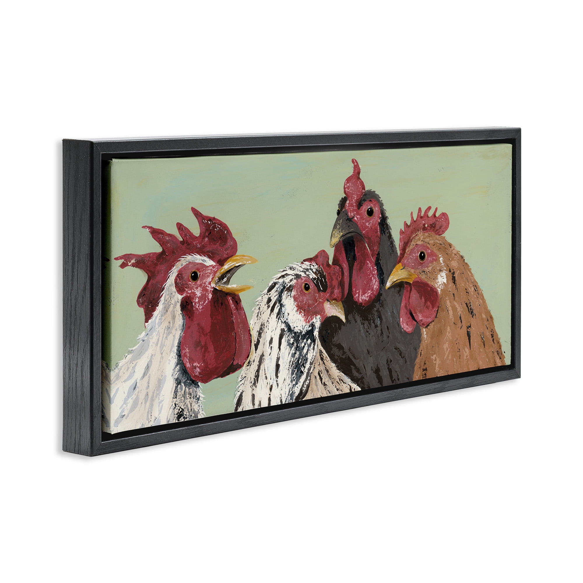 Stupell Industries Four Roosters over Green Animals & Insects Painting Black Floater Framed Canvas Art Print Wall Art, 25 x 11