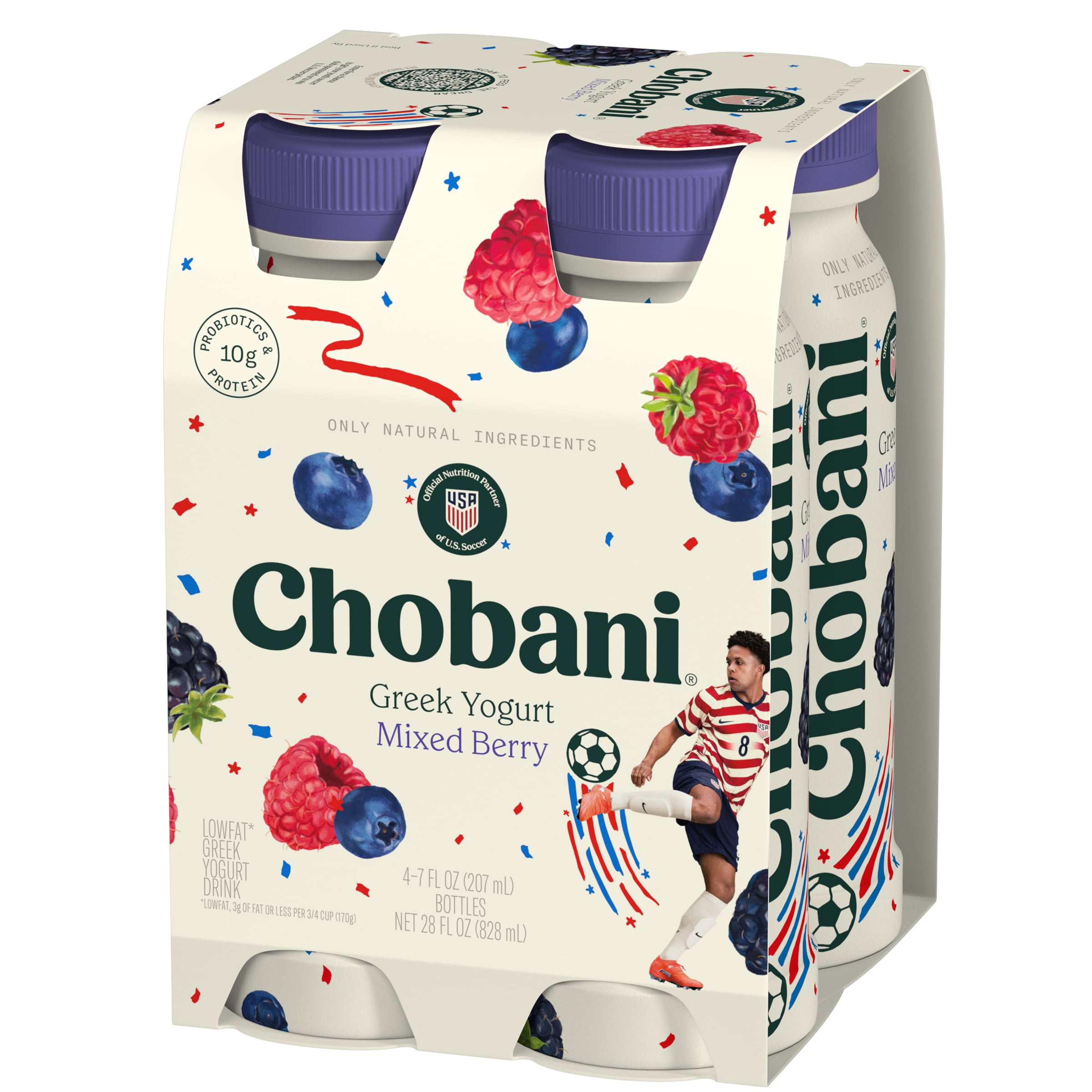 Chobani Low-Fat Greek Yogurt Drink Mixed Berry 7 fl oz Bottle, 4 Pack