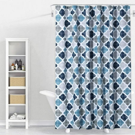 Geometric Quatrefoil Patterned Modern, Dark Blue And Grey Shower Curtain
