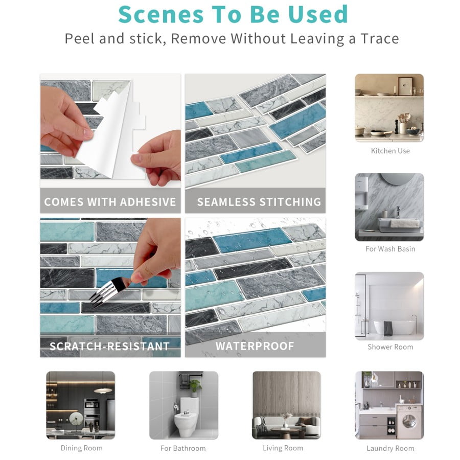 Peel and Stick Backsplash Wall Tiles,Self-Adhesive,Oil Proof,Waterproof, Removable Wall Panels for Kitchen & Bathroom,Modern Design, Easy Install (9.68x4.72 inch,48 Pack)