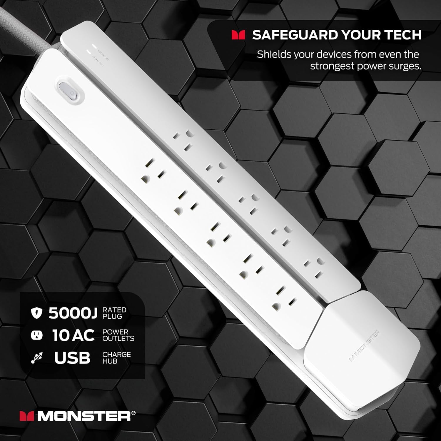 Monster Power Center Vertex XL: Surge Protector Power Strip, 10 AC Outlets, 2 USB-A, 1 USB-C (20W)