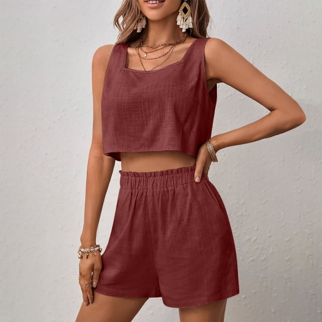 jovatis Ensembles 2 Pcs pour Femmes Été Ensemble Deux Pièces pour Femmes Uni Coton Lin Sans Manches Col Carré Dos Ouvert Hauts et Shorts
