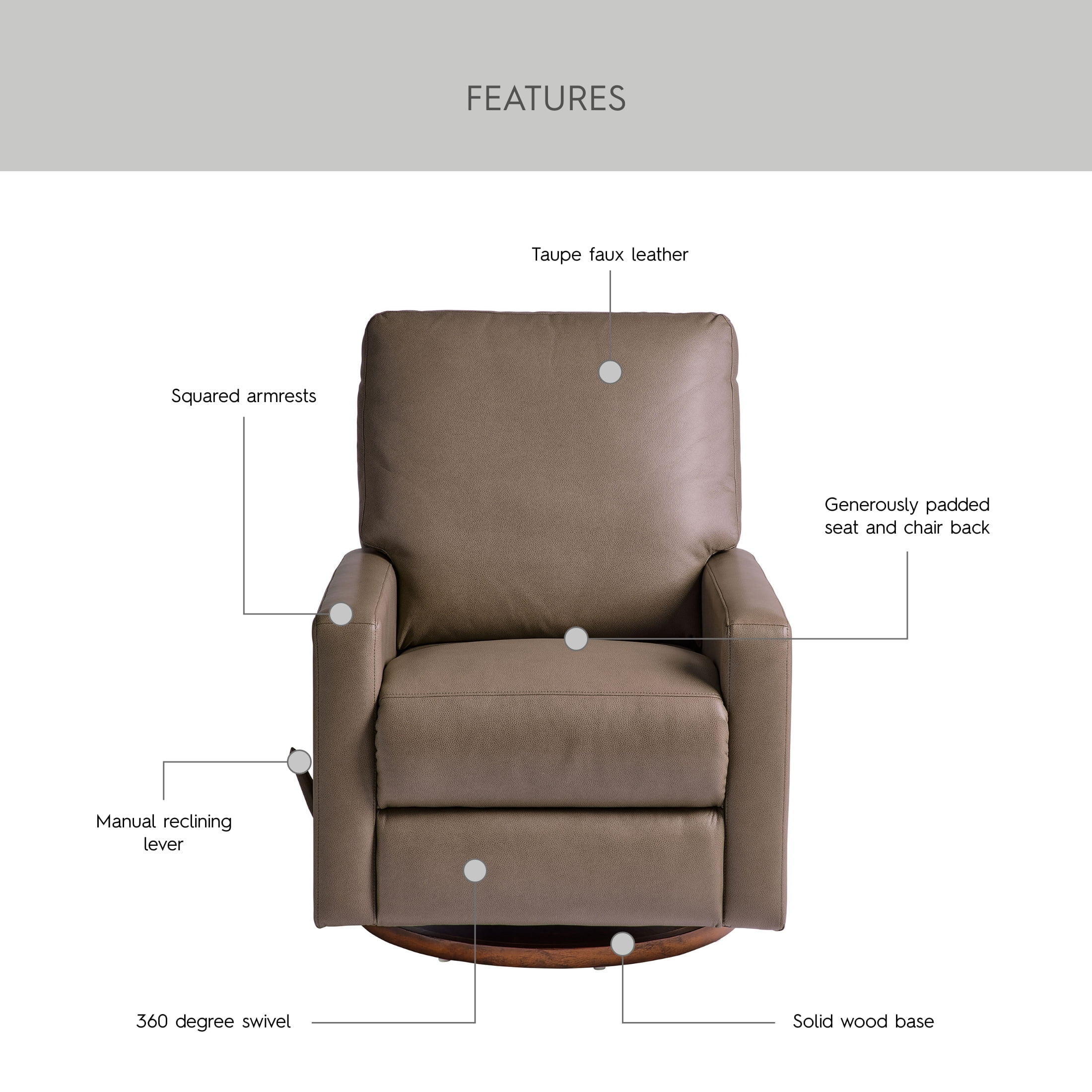 Better Homes & Gardens Modern Farmhouse Swivel Glider Recliner, Taupe Faux Leather