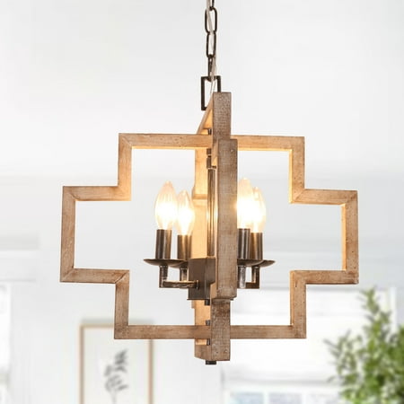 

4-Light Vintage Ceiling Light Wooden Cage Chandelier for Dining Room Kitchen Island Hallway Distressed