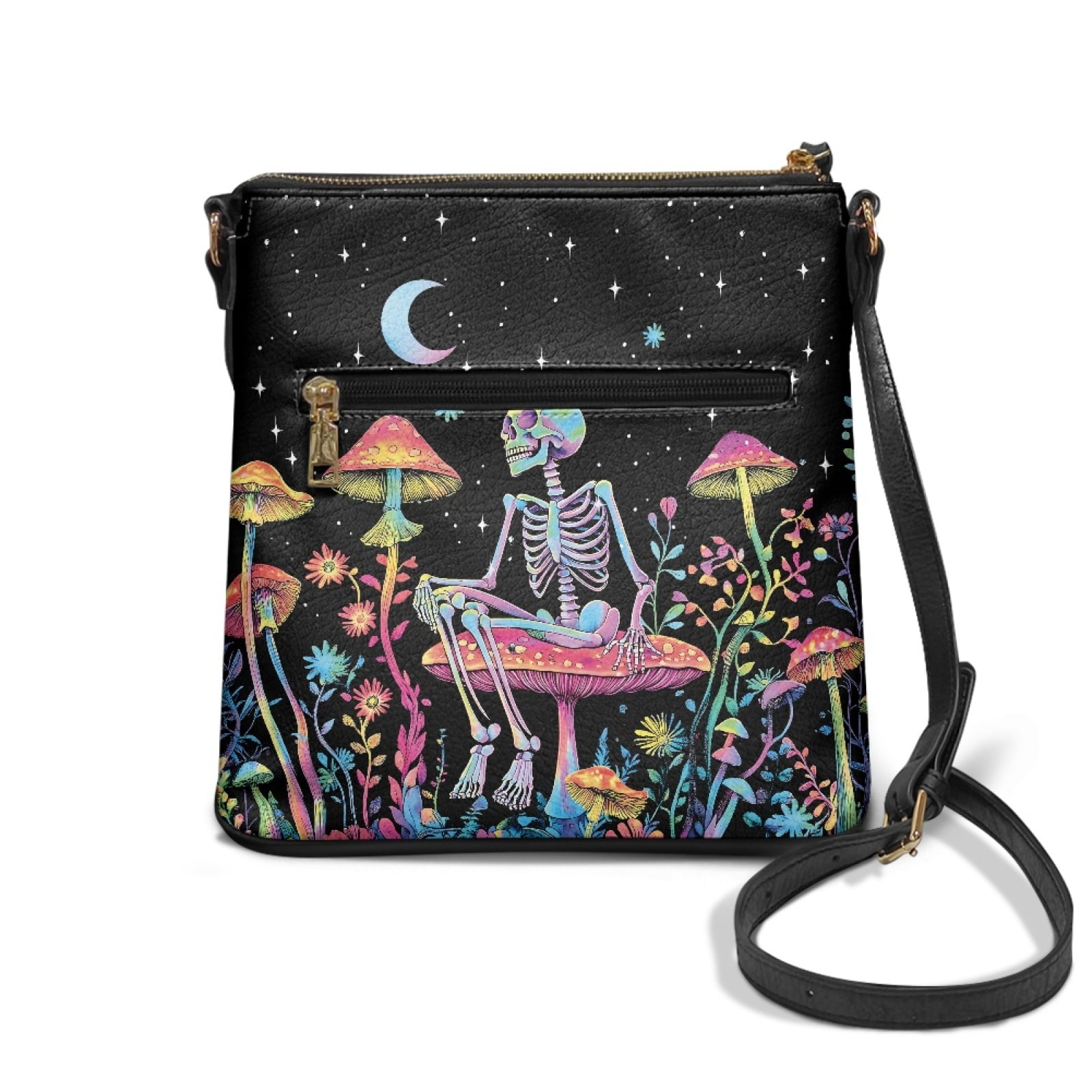 LedBack Skull Print Women's Crossbody Bag Leather Shoulder Handbag Sling Satchel Purse Multi Pocket Hobo Bag with Adjustable Shoulder Strap, Black