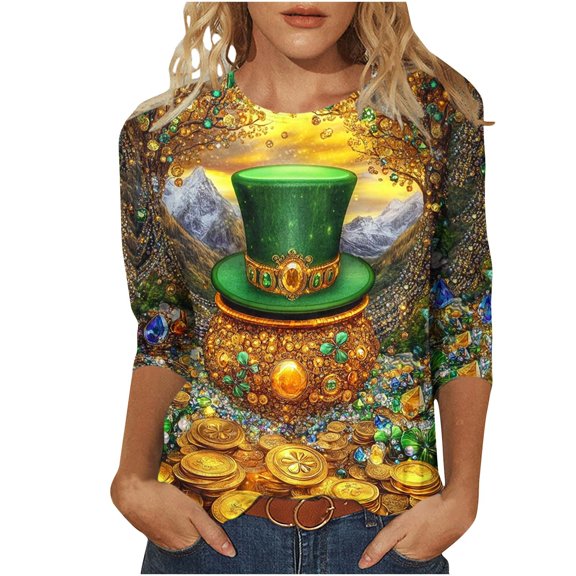 3/4 Sleeve Blouses for Women Dressy,St Patricks Day Shirt Crew Neck Funny Irish Shamrock Print Womens 3/4 Sleeve Tops Plus Size Spring Summer Blouses