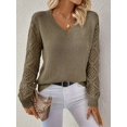 thumbnail image 4 of Women V Neck Knit Hollow Openwork Lantern Long Sleeve Ribbed Cuff Loose Fit Knit Pullover Sweater Pickled Vegetable XL, 4 of 8