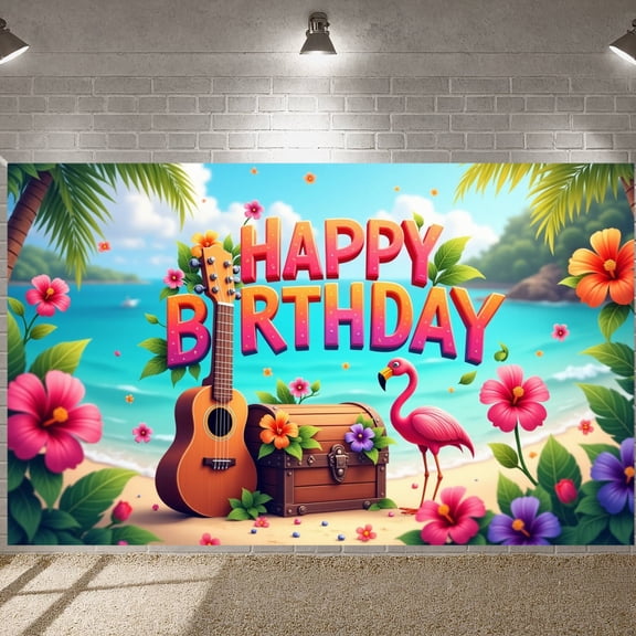 Colorful Tropical Banner Flamingo Themed Birthday Backdrop Hibiscus Floral Beach Birthday Background for Beach Luau Party Kids Birthday Celebration Outdoor Photo Shoot