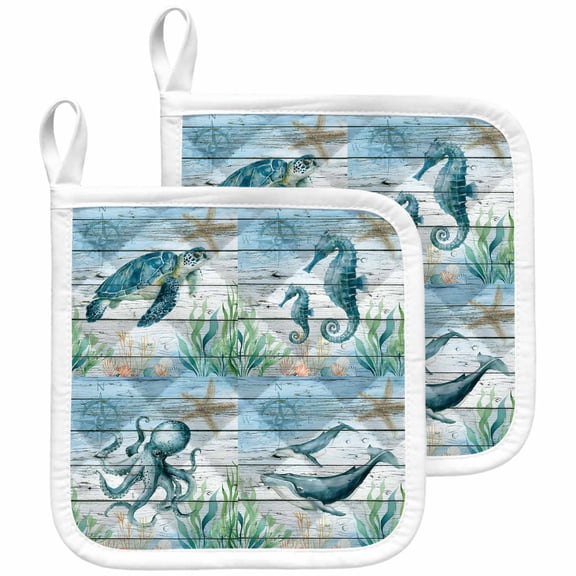 Sea Turtle Pot Holders for Kitchen Heatproof Potholder, 2 Pack Coastal Seahorse Whale Octopus Ocean Seagrass Hot Pads Multipurpose Oven Pads Cloth Potholders Trivet for Cooking and Baking