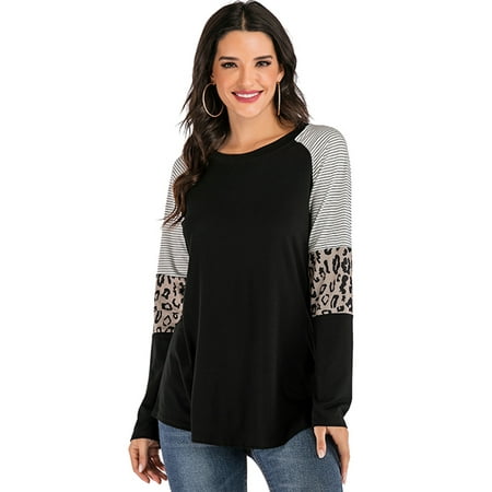 LELINTA Juniors Long Sleeve T-Shirts Color Block Striped Blouses Loose Irregular Tunic Tops Black/Khaki/Yellow