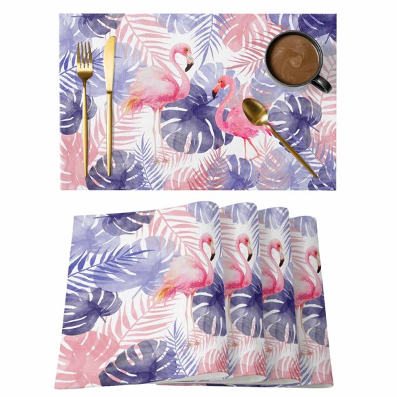 Summer Palm Leaves Placemats Set of 6, Rustic Farmhouse Tropical Green Purple Botanical Non-Slip Place Mats Washable Table Mats for Kitchen Dining Table Decorations Indoor/Outdoor