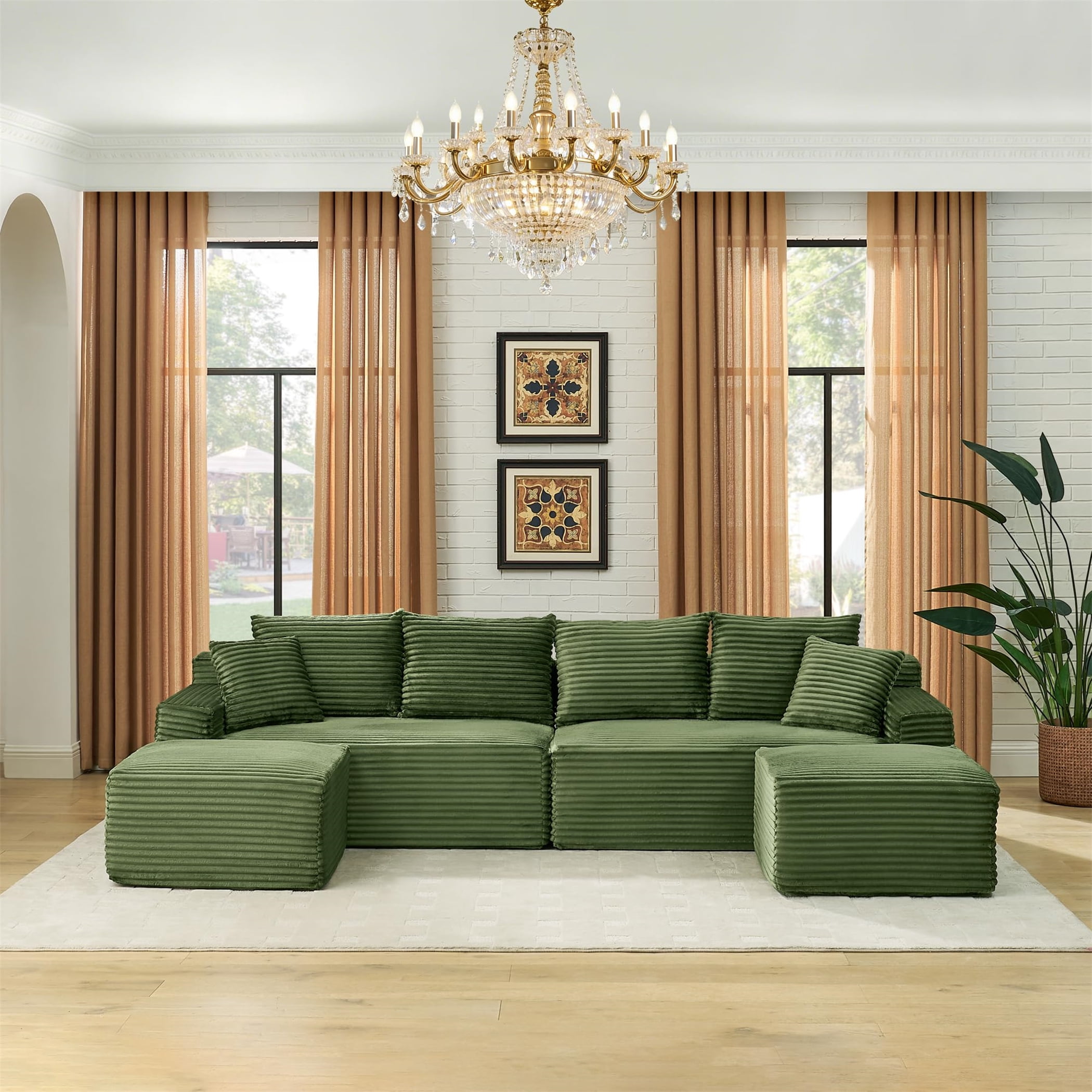 Aukfa 115" Cloud Sectional Sofa U Shape Modular Boneless Couch for Living Room, 2 Ottoman&Pillows, Corduroy, Green