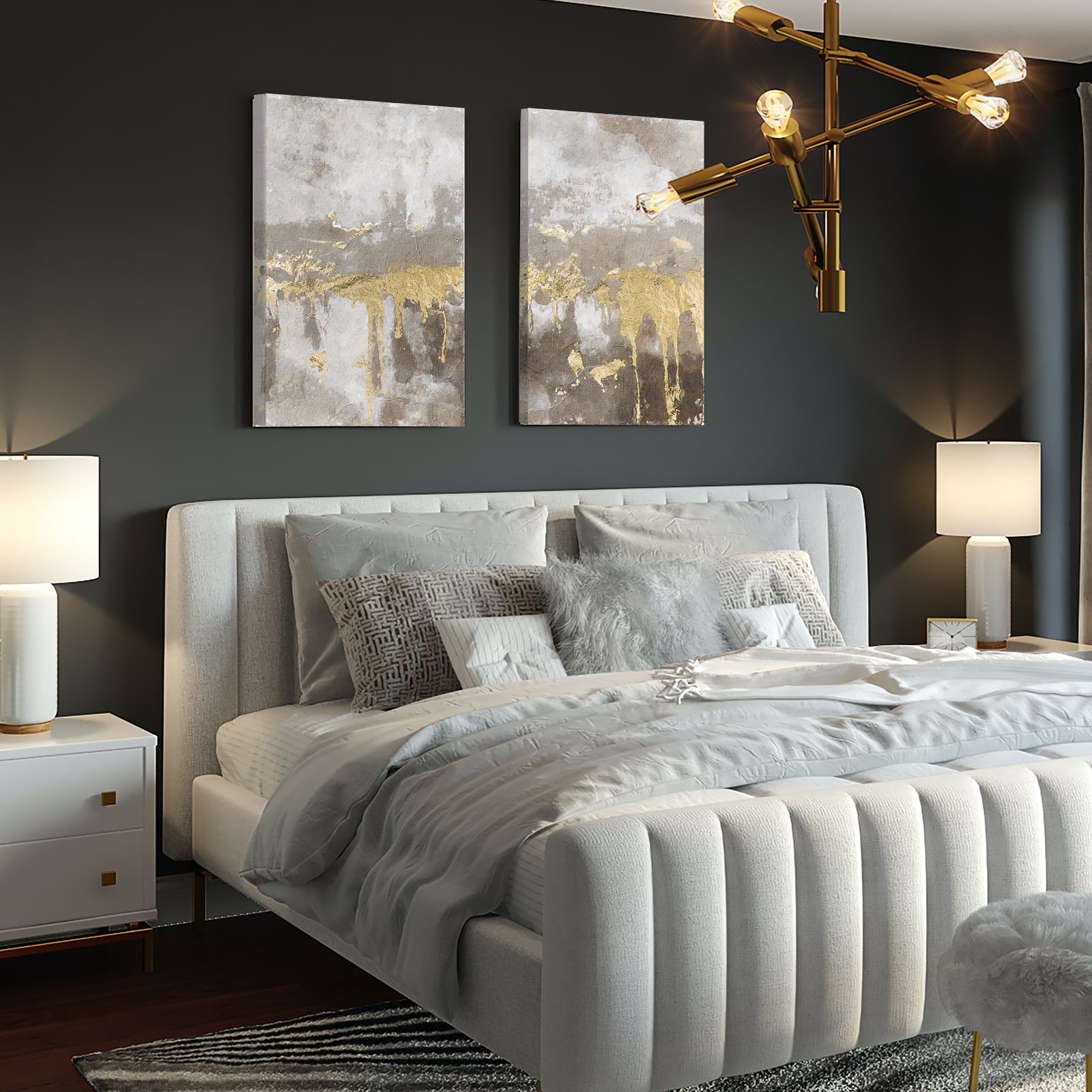 ArtbyHannah 2 Pieces 16x24 inch Modern Abstract Framed Canvas Wall Art Set with Gold Foils for Living Room Ready to Hang