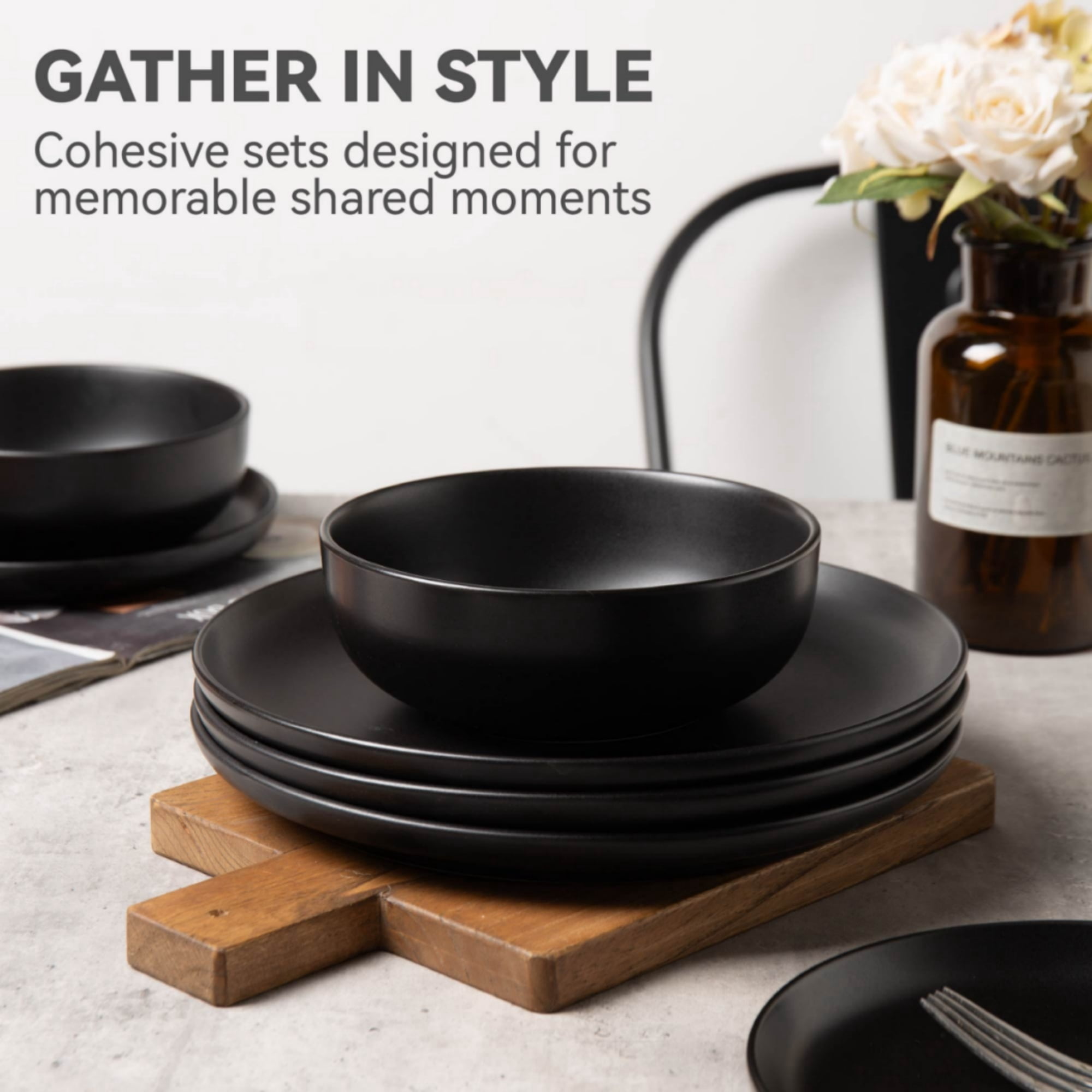 GARITIN 12-Piece Stoneware Dinner Plates Salad Plates Cereal Bowls Set, Microwave Dishwasher Safe Chip Resistant Stackable Matte Glaze Kitchenware Service for 4 Family Dining, Black