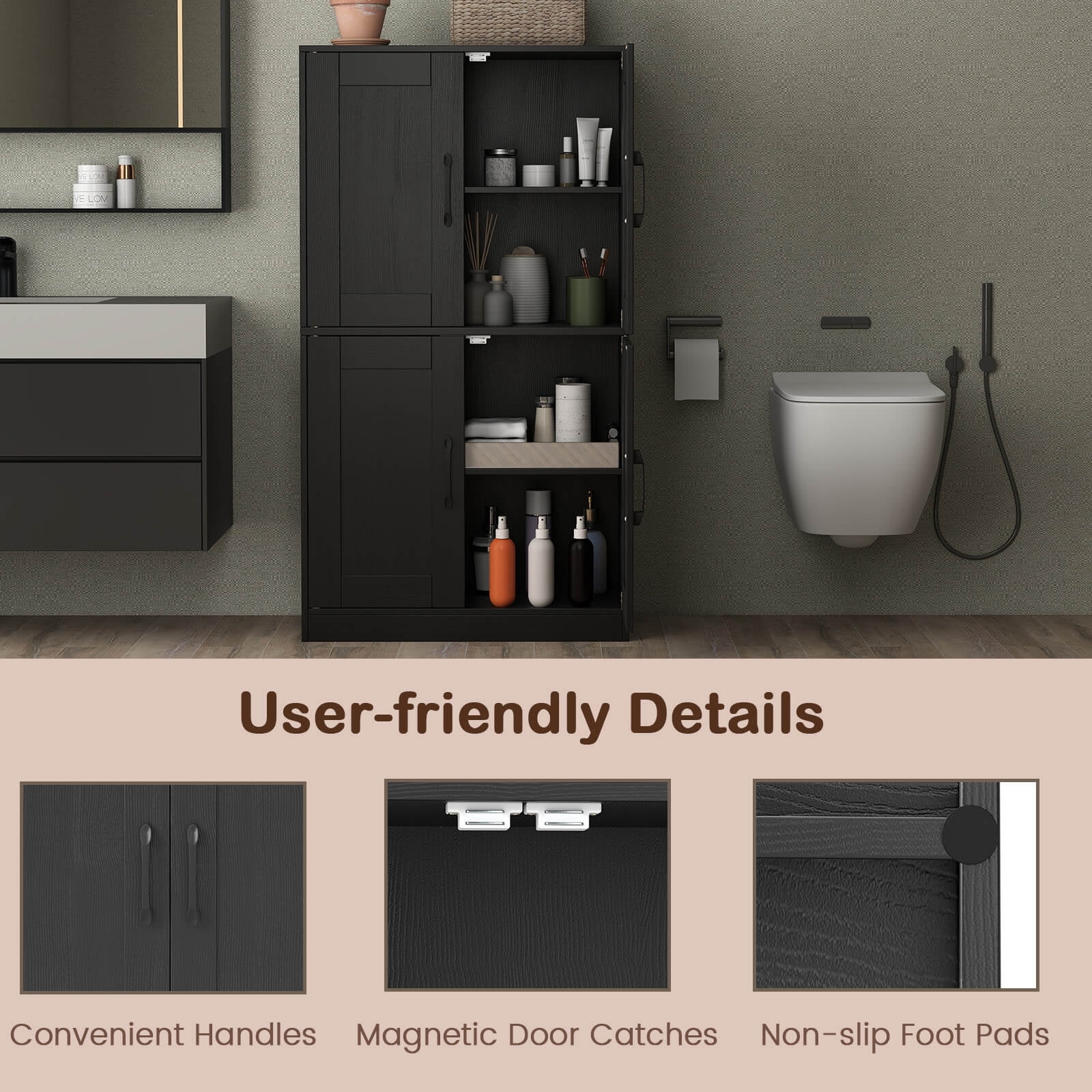 Costway Bathroom Cabinet with Doors & Adjustable Shelves Storage Organizer for Living Room Black