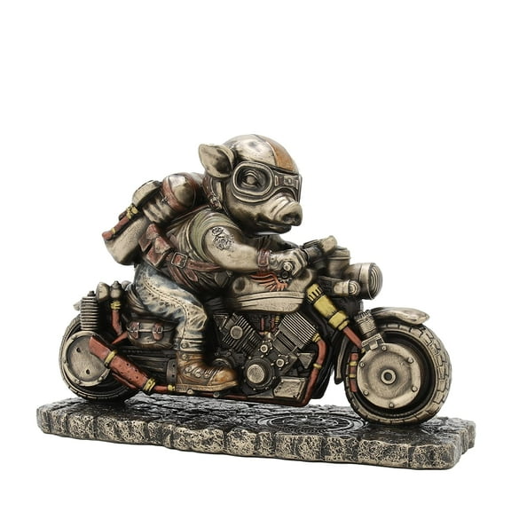 Veronese Deign 4 1/2 Inch Tall Steampunk Motorcycle Rough Rider Speed Bacon Hog Figurine Cold Cast Bronzed Resin Statue Pig Animal Collectibles