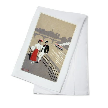

Paris France La Cite Art Deco Scene of Couple Watching Riverboat (100% Cotton Tea Towel Decorative Hand Towel Kitchen and Home)