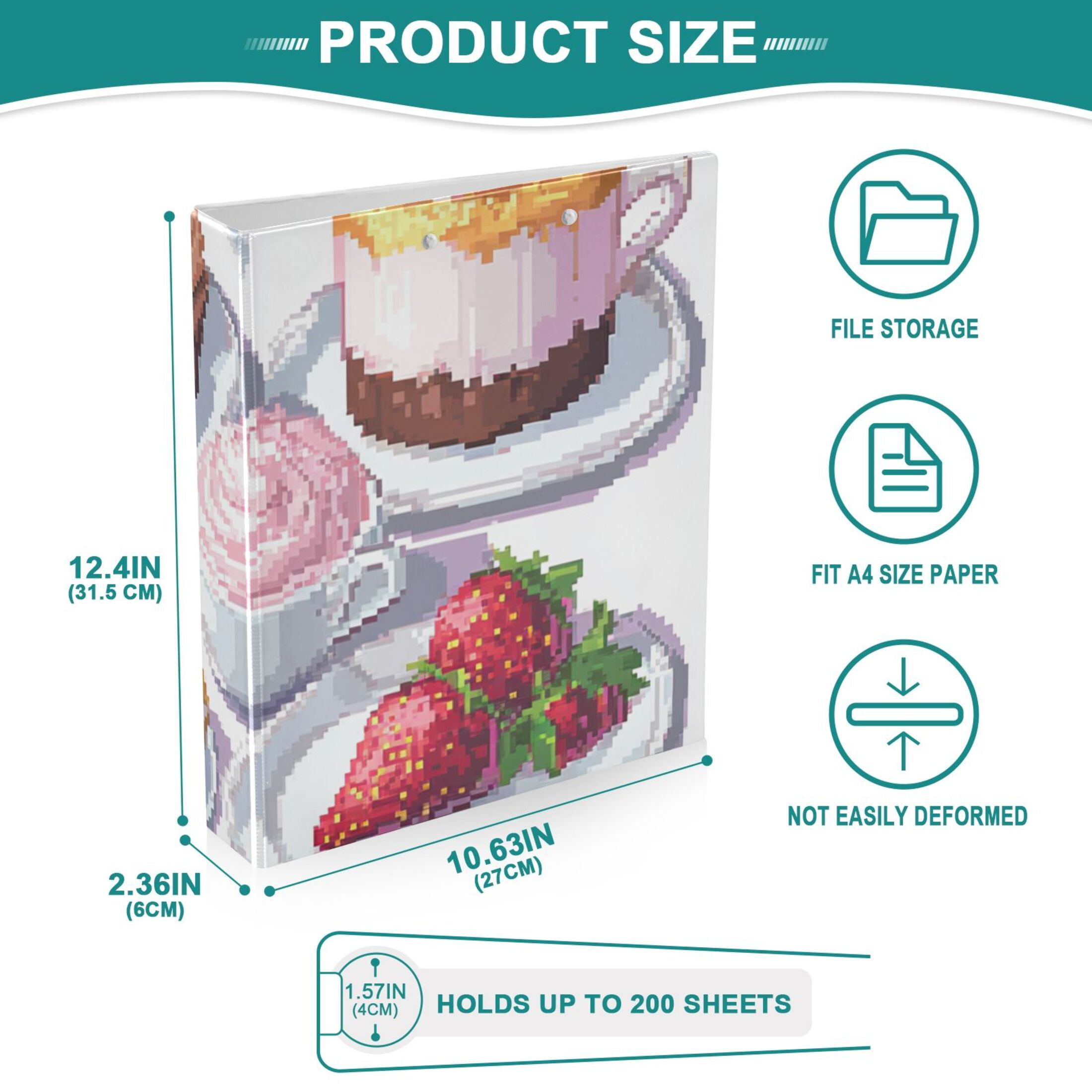 Pixel Strawberry Cakes 3 Ring Binders 1.5 inch Hardcover File Folders with Interior Pockets A4 Size Organizer for School Office Hospital