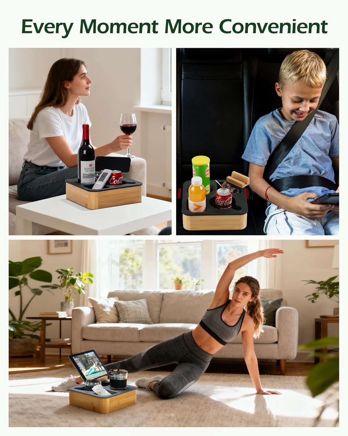 Couch Cup Holder Tray, Bamboo Couch Caddy with Rotatable Phone Holder for Bed Organizer, Waterproof Anti-spill Sofa Cup Holder for Snacks Beverage Remote Grey