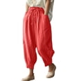 thumbnail image 2 of Conairie Women Linen Pants Straight Leg Elastic Waisted Casual Harem Pants With Drawstring Vacation Palazzo Trousers Outfits With Pockets Red M, 2 of 4