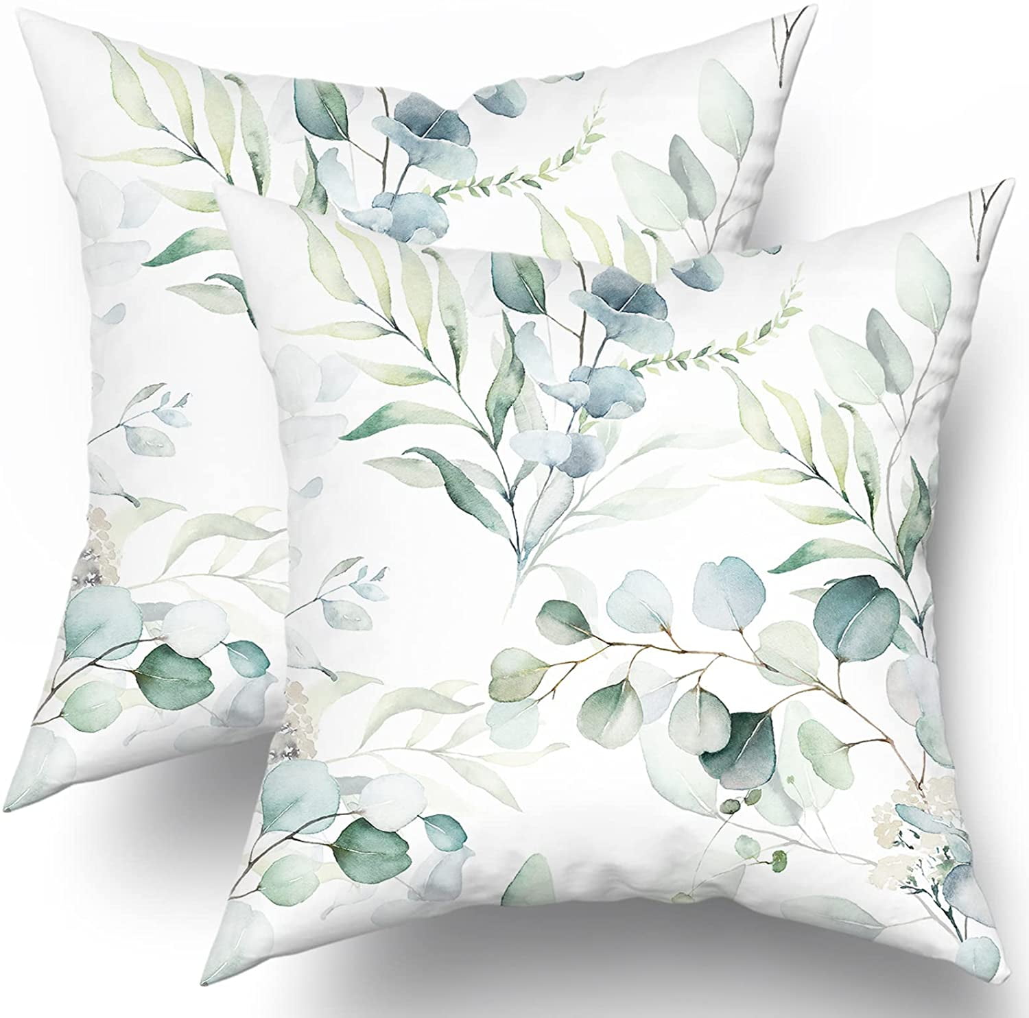 Spring Sage Green Leaf Pillow Covers 18x18 inch Set of 2 Eucalyptus Floral Watercolor Pillow