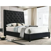 1Pc Black Color Elegant Contemporary Upholstered Queen Bed Button Tufted Headboard Demi-Wings Bedroom Furniture