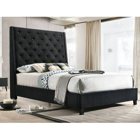 1Pc Black Color Elegant Contemporary Upholstered Queen Bed Button Tufted Headboard Demi-Wings Bedroom Furniture