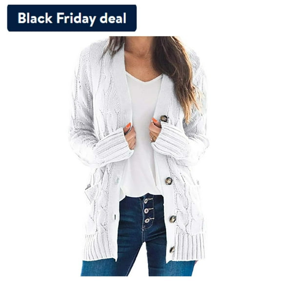 Dianli Sweaters for Women Plain Long Sleeve Knit Sweaters Coat Casual Loose Fit Breathable Cable Knit Sweater Open Front Cardigan Button Outerwear on Clearance White xxxl