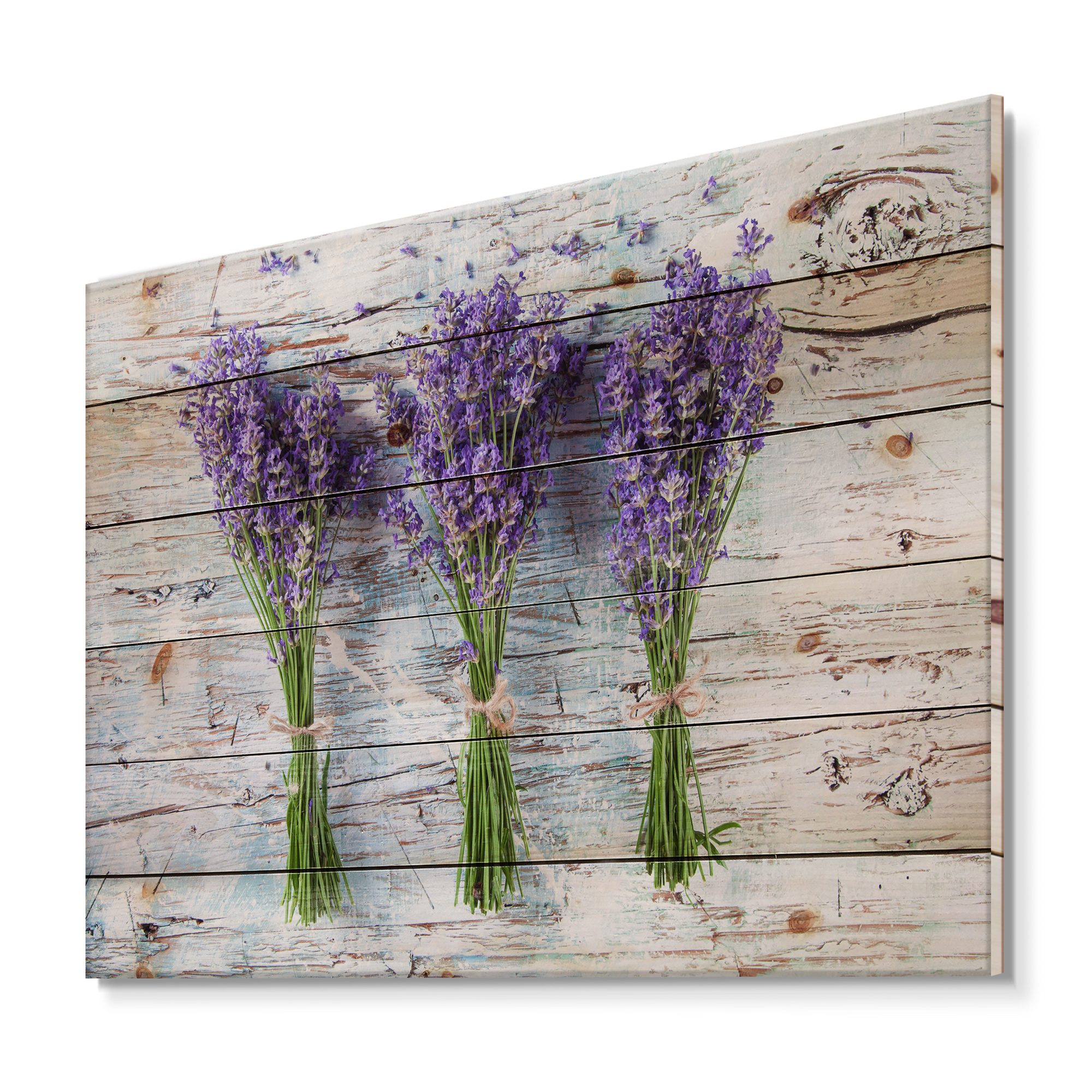 Designart 'Fresh Lavender Bouquets On Wood' Farmhouse Print on Natural Pine Wood