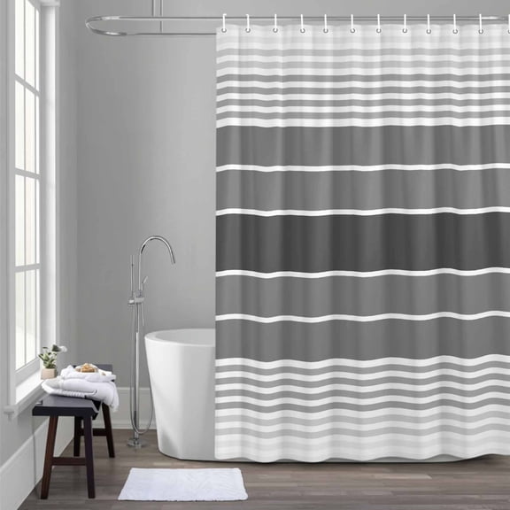 Minimalist Shower Curtain for Bathroom Decor, Dark Gray Gradient Gray Stripe Farm Waterproof Fabric Shower Curtain, 36"x72" Set with 12 Hooks