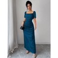 thumbnail image 5 of Teal Blue Elegant Fitted Square Neck Short Sleeve Maxi Dress For Women, 5 of 6